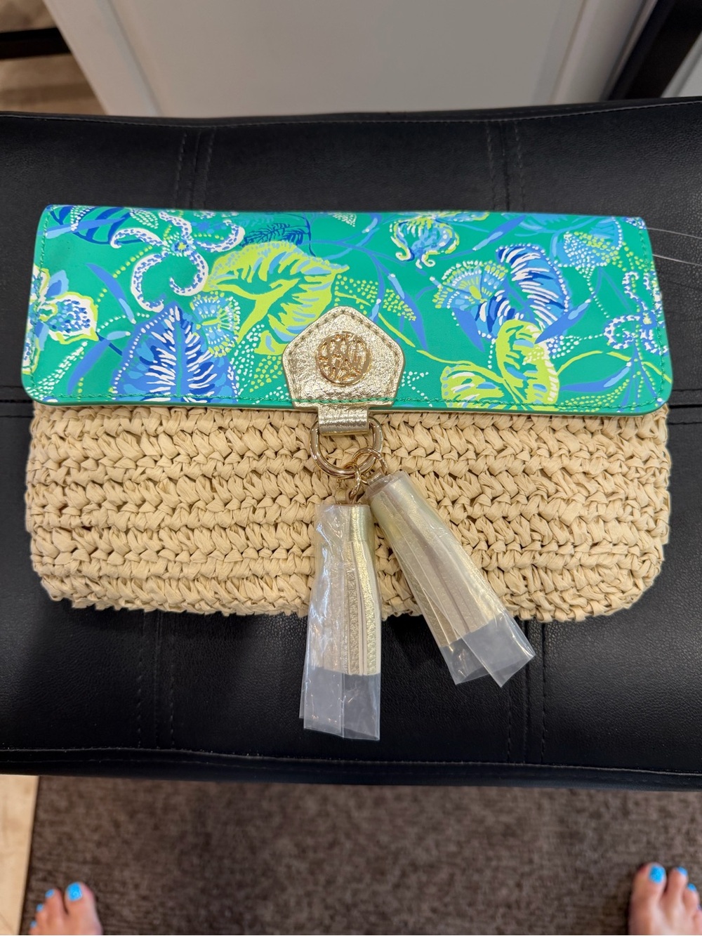 Lilly Pulitzer Green Blue Tropical Woven Mini Clutch with Gold Tassels